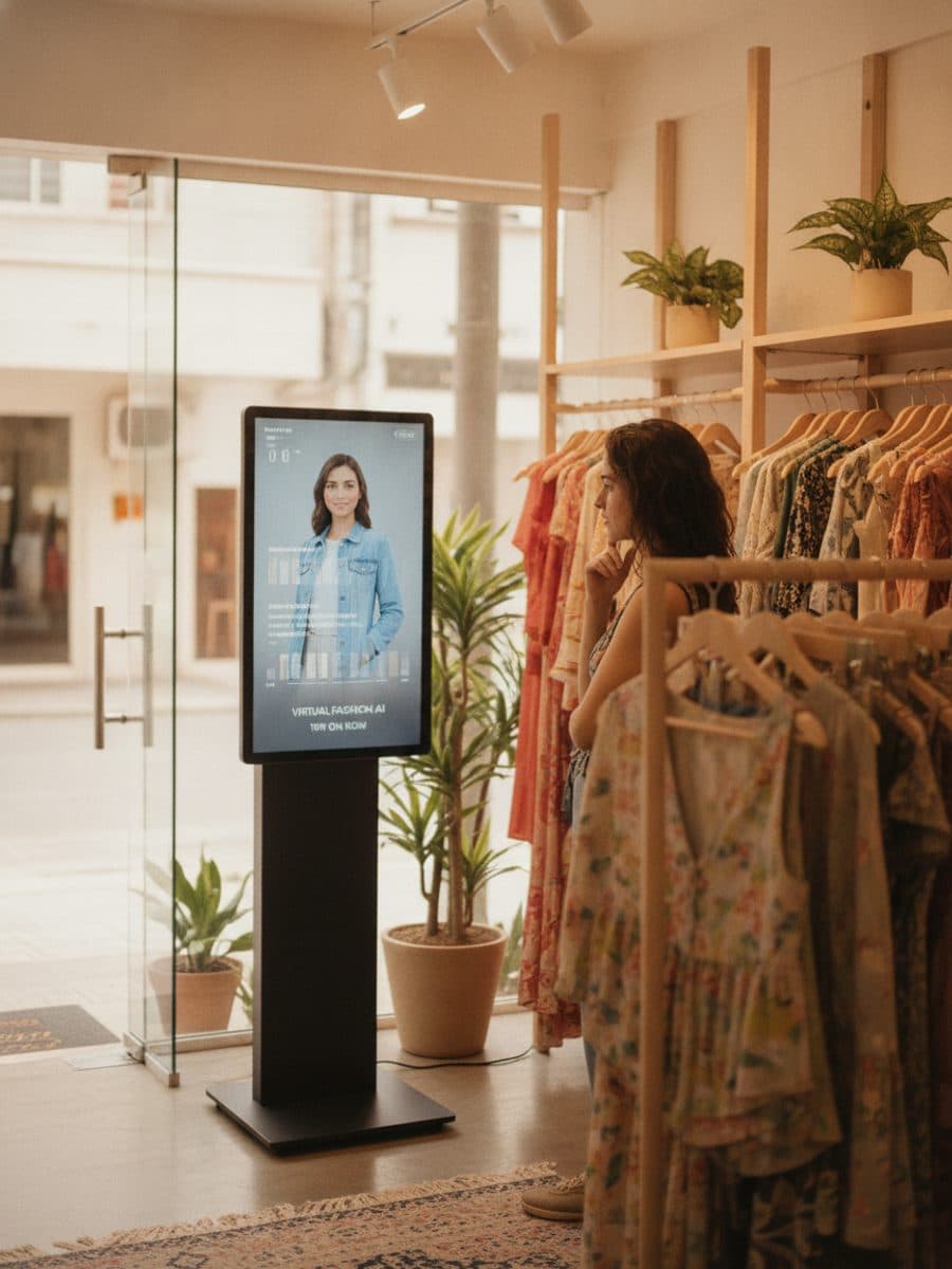 Cliente olhando para uma vitrine com TV mostrando o provador com IA numa loja